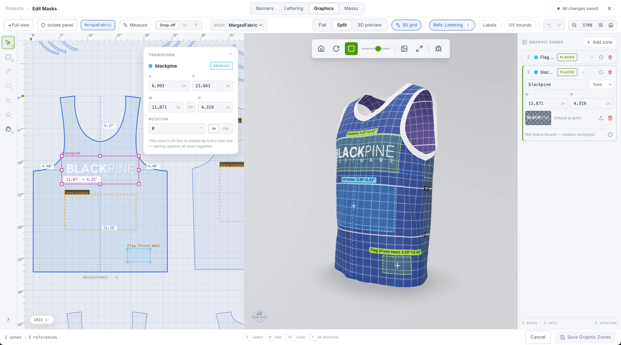The actual Stitchframe garment editor, with decoration zones and a 3D jersey preview.